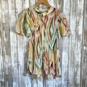 Spense Smocked Abstract Pint Print Button Front Blouse